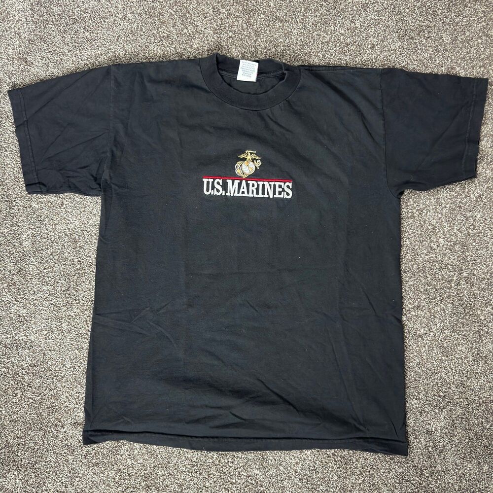 Vintage 90s U.S. Marines Embroidered Spellout Logo Tee Faded Black L